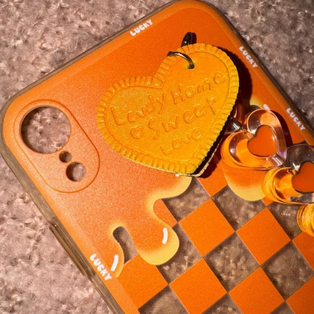 Orange Checkered Phone Case with Heart Charms